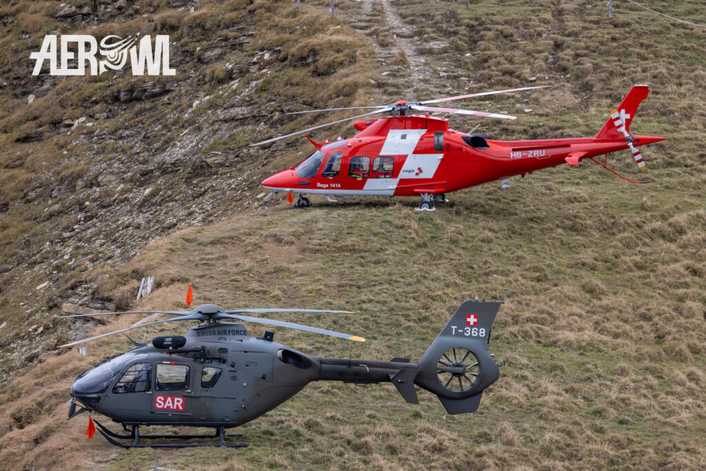 A AgustaWestland Da Vinci and a Eurocopter EC635 parking ready to rescue during the Axalp 2023 in the Swiss alps.
