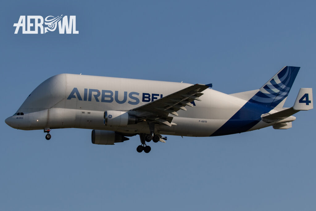 An Airbus A300-600ST Beluga takes off for an air display during the ILA2018 the BER airport in Berlin/Brandenburg, Germany.
