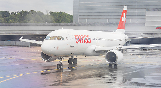 Swiss Airbus A-319 in Zurich, Switzerland waiting for taxiing in 2023.