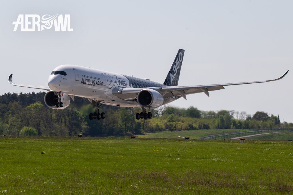A brand new Airbus A350 XWB takes off at the ILA 2018 at the BER airport Berlin Brandenburg in Germany.
