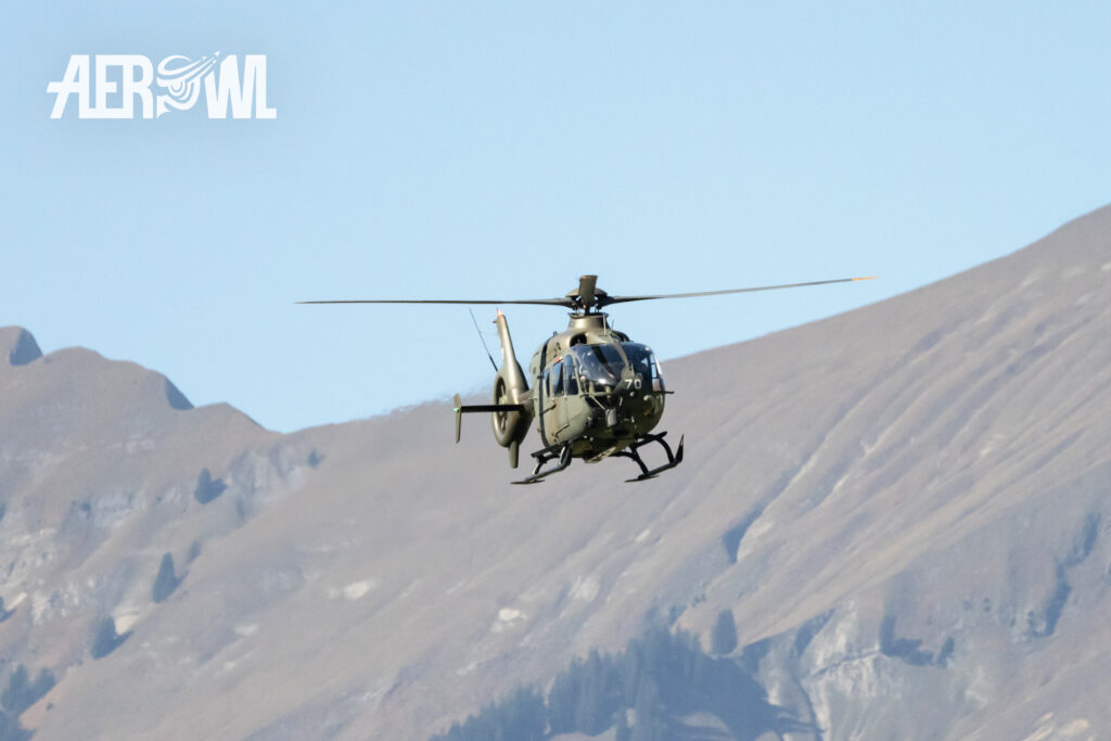 A Swiss Air Force Airbus EC-635 (H135M military version) during its landing at the Meiringen air base - LSMM in Switzerland 2022.v