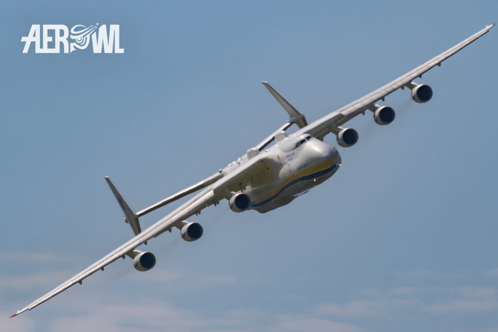The legendary Antonow An-225 „Mriya“ flies by during the ILA 2018 at the BER airport in Berlin/Brandenburg, Germany.