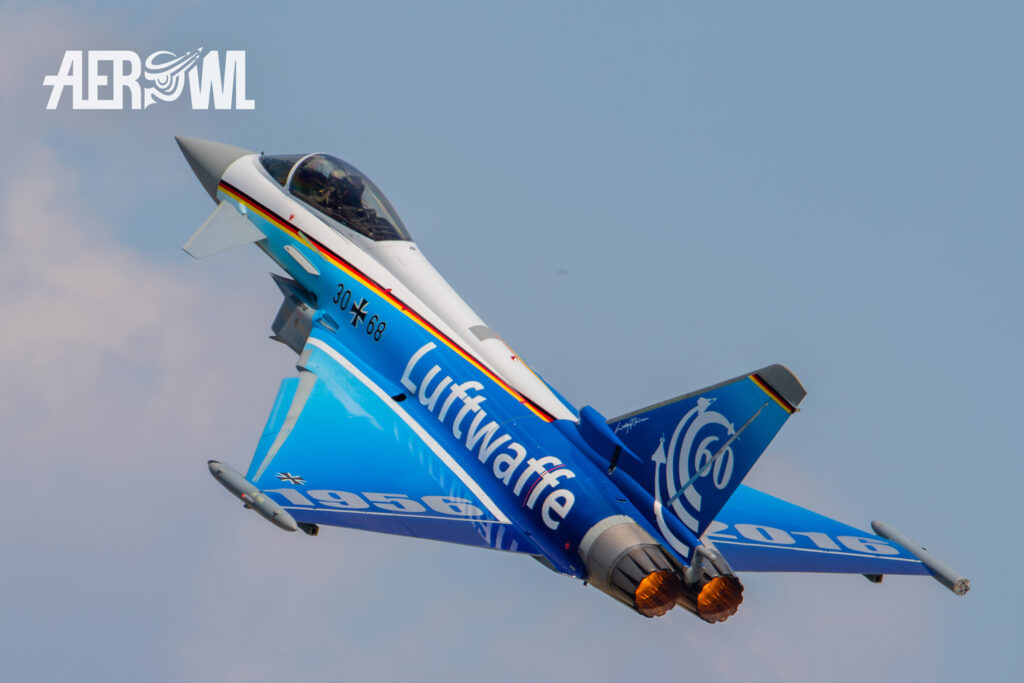 Anniversary Eurofighter Typhoon "60 years Bundeswehr" of the German Air Force take-off with after burner to its air display during the ILA 2016 in Berlin, Germany.