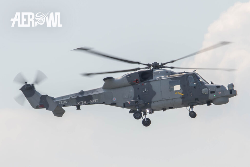 A Agusta-Westland AW-159 Wildcat HMA2 of the Royal Navy during its air display at the ILA 2016 over the runway of the BER airport Berlin-Brandenburg in Germany.