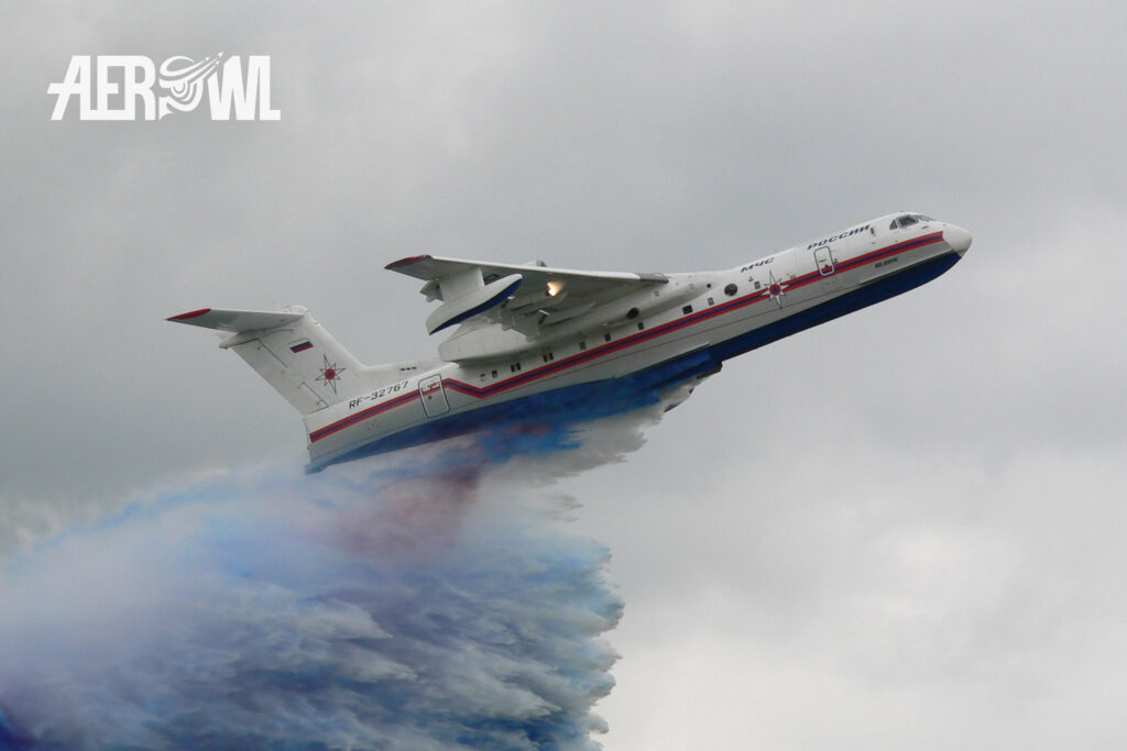 A russian Beriev Be-200 Altair water bomber at the SFX airport in Berlin/Brandenburg, Germany during the ILA 2006.