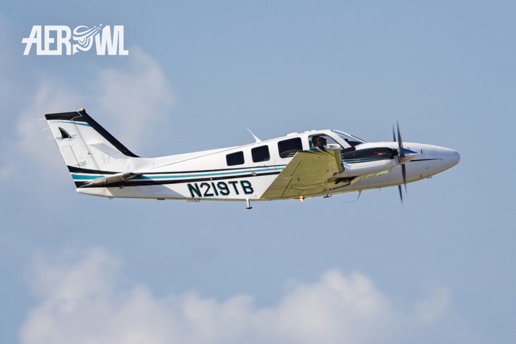 A twin engine Beechcraft G58 Baron takes off during the Sun'n Fun 2025 in Lakeland, Florida,