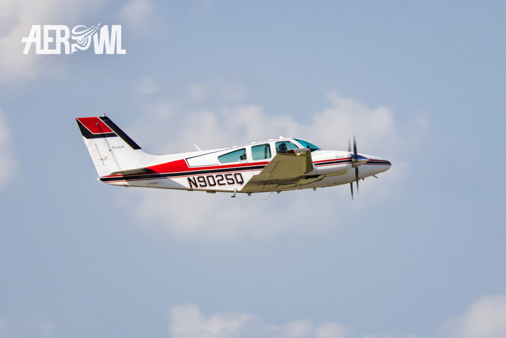 A classic painted BEECH 95-B55 Baron built in 1970 takes off during the Sun'n Fun 2025 in Lakeland, Florida.