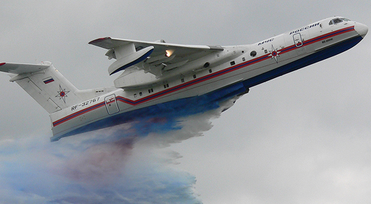 A russian Beriev Be-200 Altair water bomber at the SFX airport in Berlin/Brandenburg, Germany during the ILA 2006.