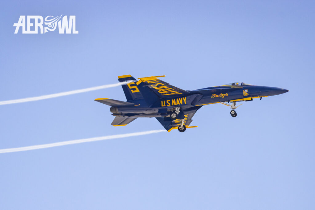 Blue Angel #5 - Boeing F/A-18E/F Super Hornet approaches after the massive and spectacular show at the NAS Key West Southernmost Air Spectacular 2025.