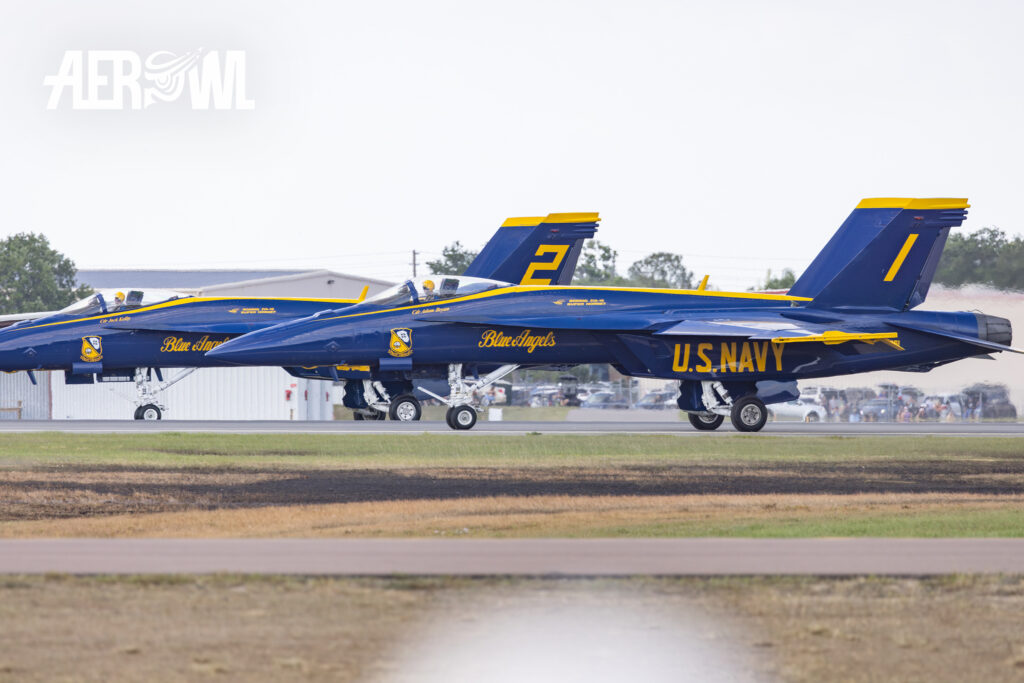 Blue Angel F/A-18F Super Hornets #1 and #2 ready to take off at the Sun´n Fun 2025 in Lakeland, Florida.