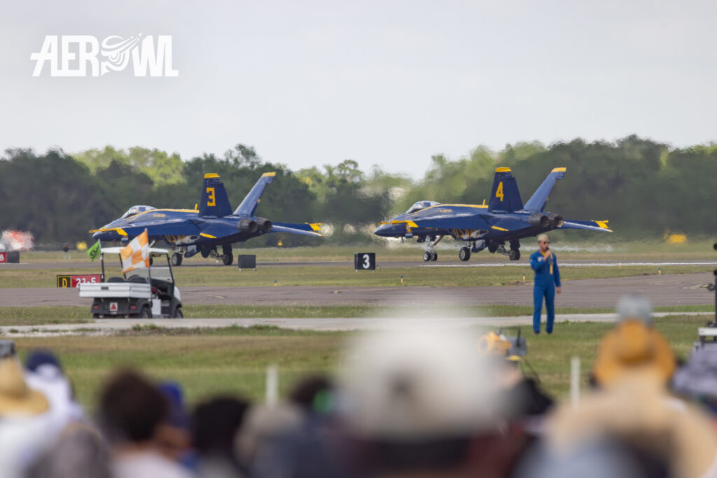 Blue Angel F/A-18F Super Hornets #3 and #4 rolling to their start position at the Sun´n Fun 2025 in Lakeland, Florida.