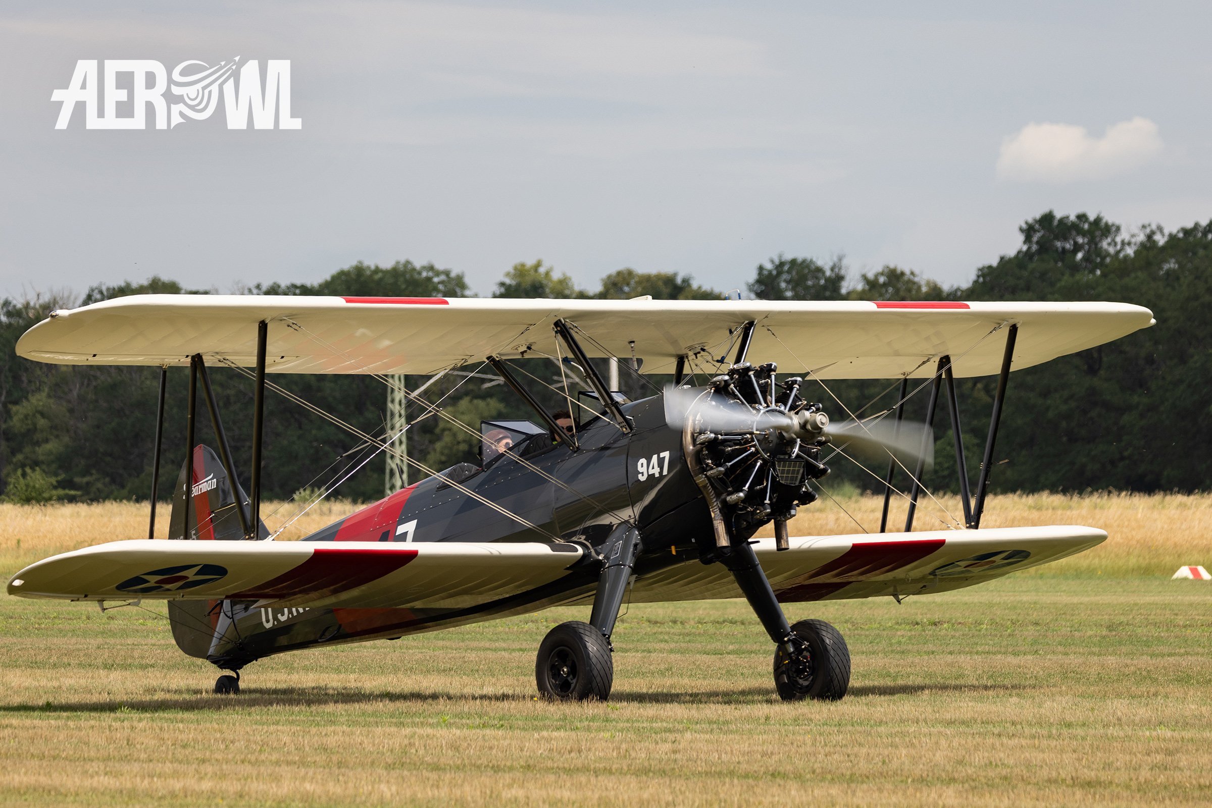 A beautiful Boeing B75N1 Stearman after its landing rolling towards at the Stearman&Friends2023 over the Bienenfarm near Berlin, Germany.