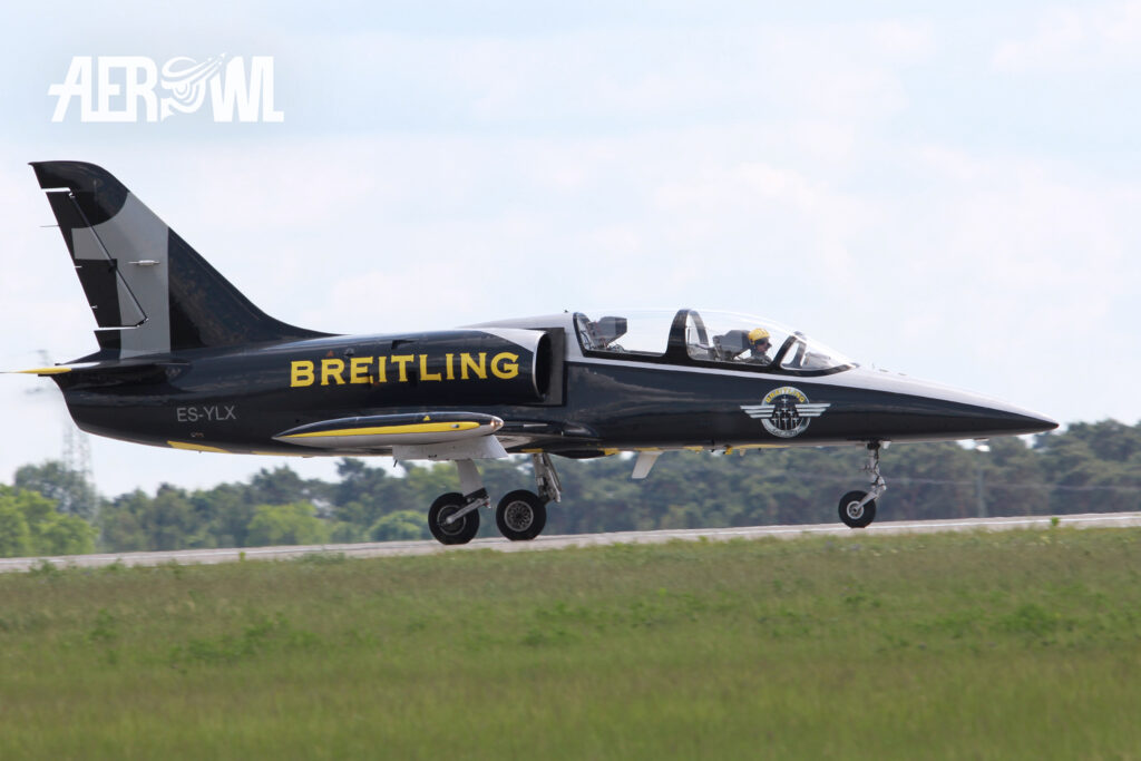 Aero L-39 Albatros of the Breitling Jet Team lands after the Breitling Jet Team air display during the ILA 2016 in Berlin, Germany.
