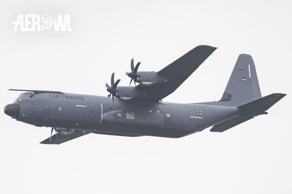 The first of six German Lockheed Martin C-130J Super Hercules aircraft, the 55+01, flies past during the German Armed Forces Day (Tag der Bundeswehr) 2025 in Jagel, Schleswig-Holstein, Germany.