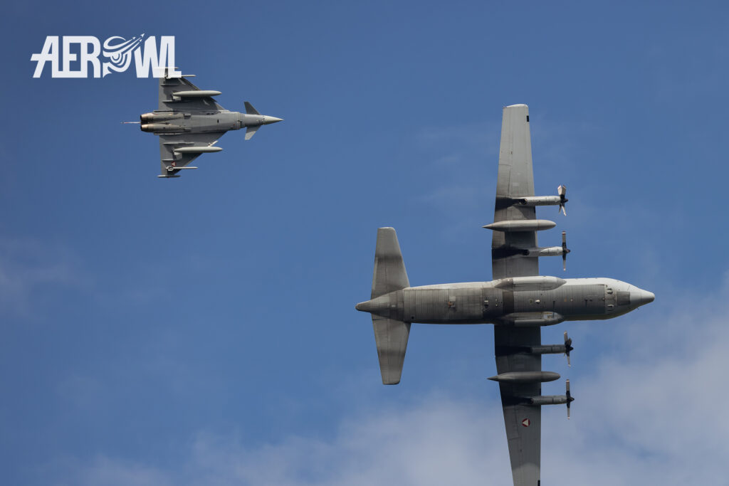 A C130K Hercules has been intercepted an Eurofighter Typhoon - Austrian Air Force demo at the AirPower24 in Zeltweg, Austria.