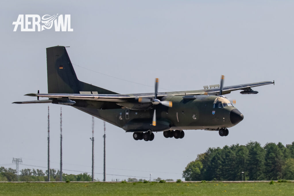 A German Air Force Transall C-160 approach during the ILA 2018 at the BER airport in Berlin/Brandenburg, Germany.