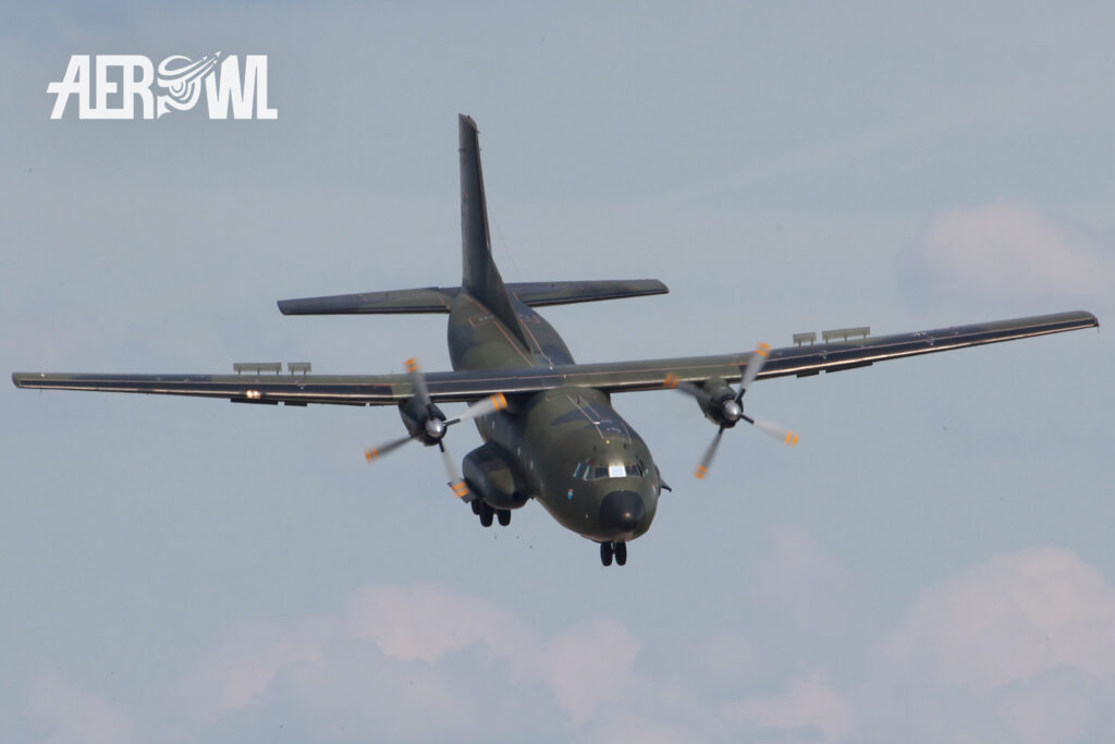 A Transall C-160 of the German Air Force showing a Sarajevo approach during the ILA 2018 at the BER airport in Berlin/Brandenburg, Germany.