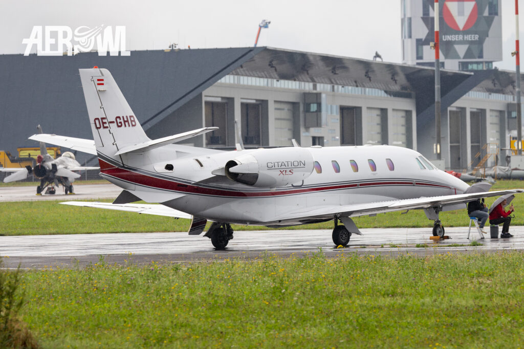 A Cessna Citation XLS parking during the AirPower24 at the Hinterstoisser ais base in Zeltweg, Austria.