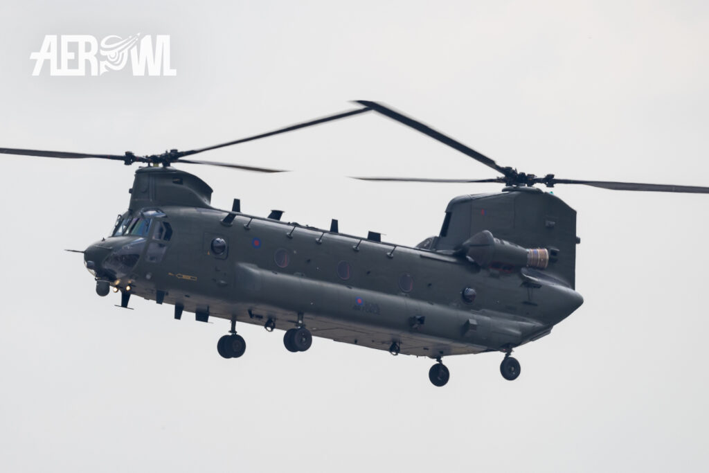 A Royal Air Force Boeing-Verol CH-47 Chinook air display during the ILA 2022 at the BER airport Berlin-Brandenburg in Germany.