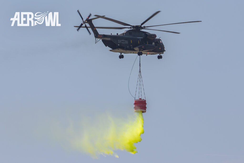A Sikorky CH-53 Super Stallion as fire fighter during the Bundeswehr demonstration at the ILA 2016 at the BER airport Berlin-Brandenburg in Germany.