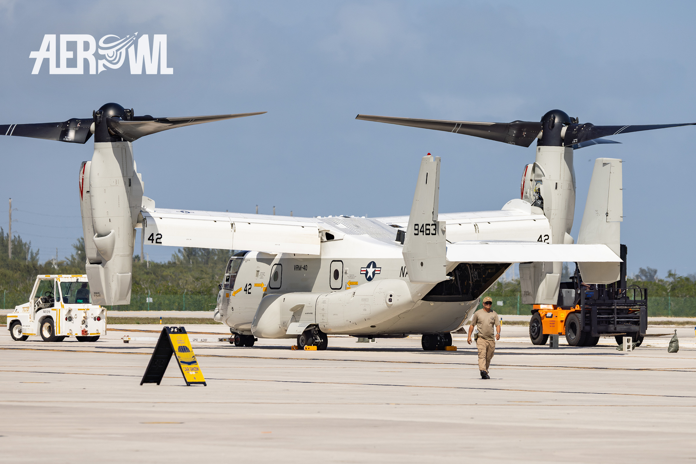 CMV-22 Osprey VRM-40, Mighty Bison parking during the NAS Key West Southernmost Air Spectacular 2025 in Florida.