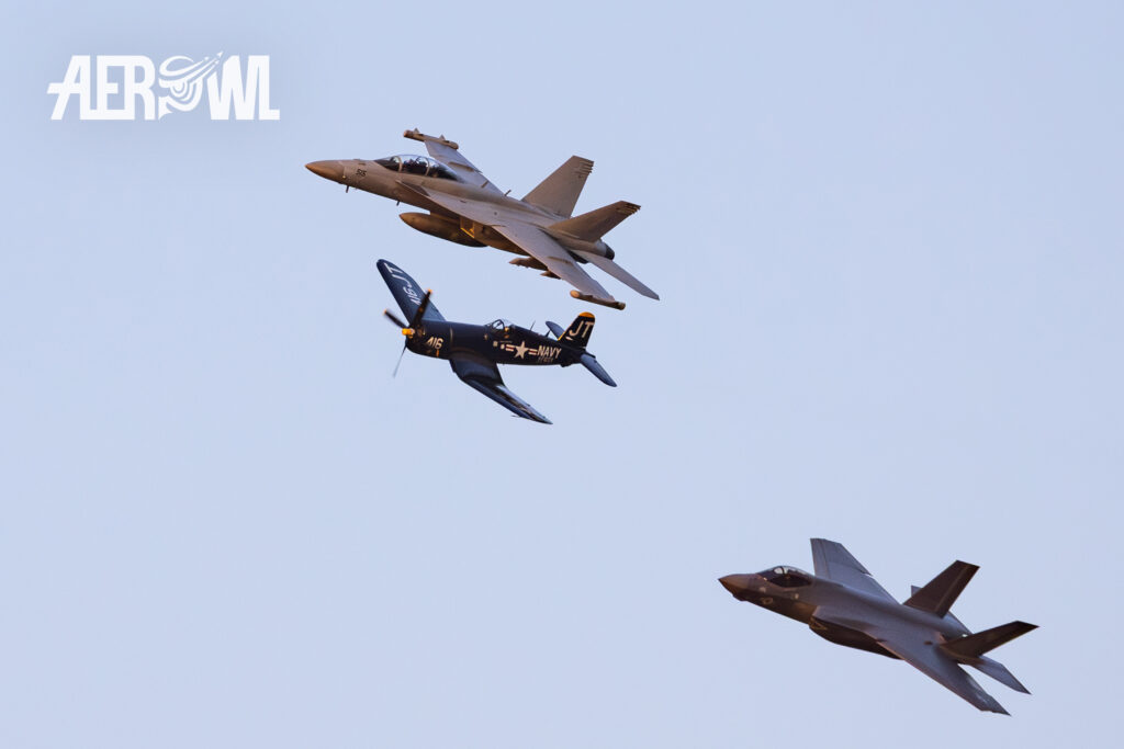 Boeing EA-18 Growler + Vought F4U Corsair and a Lockheed Martin F-35A Lightning II air display at the Sun´n Fun 2025 in Lakeland, Florida.