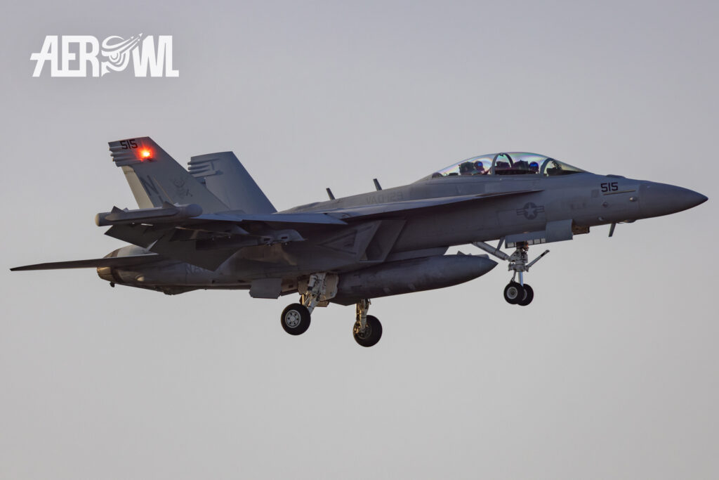 Landing of a Boeing EA-18 Growler (F/A-18F Hornet) after its evening air display of the Sun´n Fun 2025 in Lakeland, Florida.