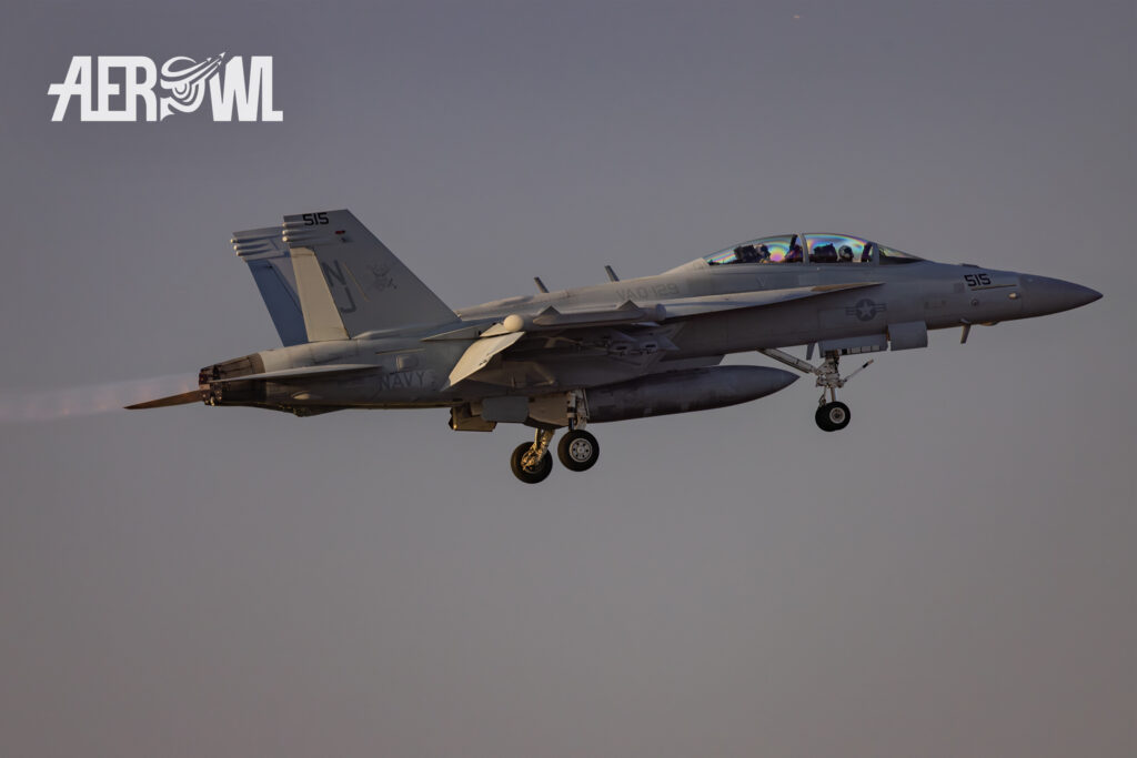 A Boeing EA-18 Growler (F/A-18F Hornet) taking off with afterburner for the evening air display during the Sun´n Fun 2025 in Lakeland, Florida.