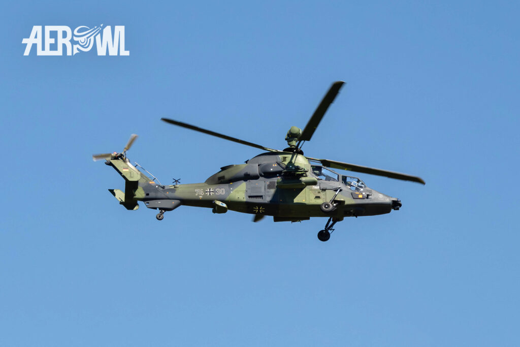 A Bundeswehr Eurocopter Tiger (EC665) PAH during an air display at the ILA 2014 on the BER airport Berlin-Brandenburg in Germany.
