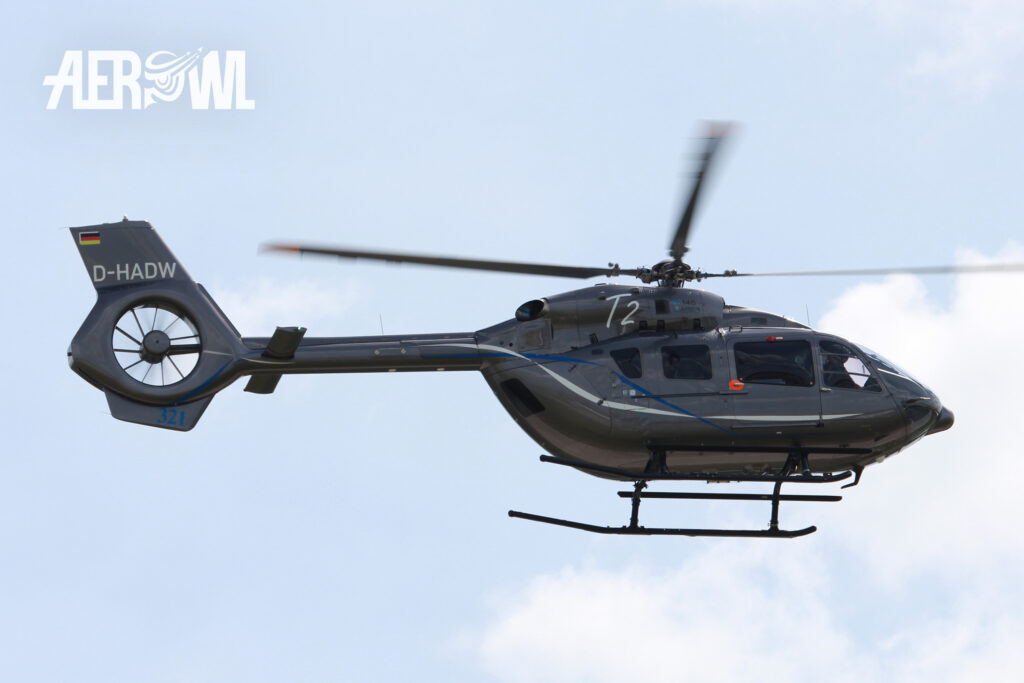 A Eurocopter EC 145 T2 (now H145) passing flight during the ILA 2016 at the BER airport Berlin-Brandenburg, Germany.