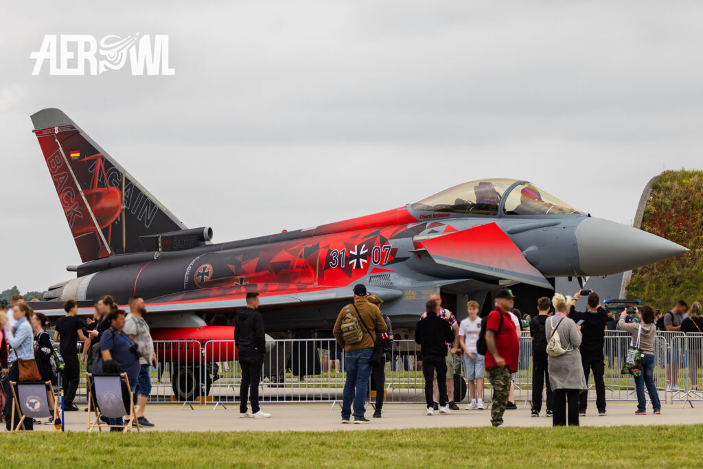 Eurofighter "Back again" (Taktischen Luftwaffengeschwaders (TLG) 71 „Richthofen“) parking near the shelters at the German Armed Forces Day (Tag der Bundeswehr) 2025 in Jagel, Schleswig-Holstein, Germany.