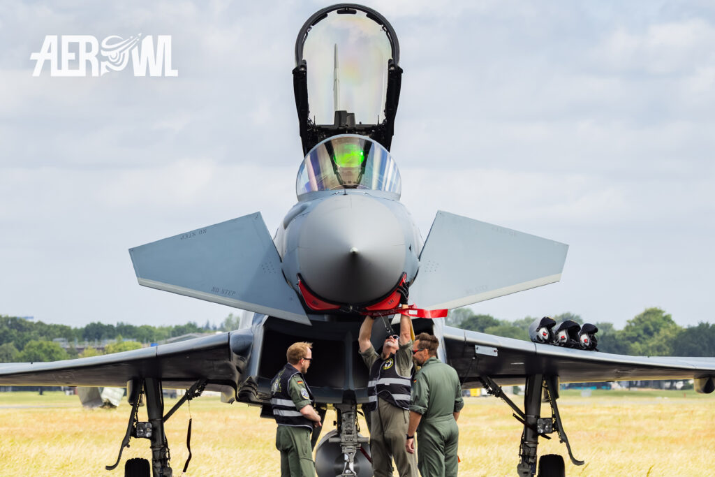 Ground crew conduct final checks on the Eurofighter Typhoon before the show. Close-up taken at German Armed Forces Day (Tag der Bundeswehr) 2025 in Jagel, Schleswig-Holstein, Germany.