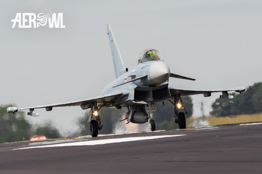 "Noble" taxiing his Eurofighter Typhoon to start for the waiting audience during the German Armed Forces Day (Tag der Bundeswehr) 2025 in Jagel, Schleswig-Holstein, Germany.