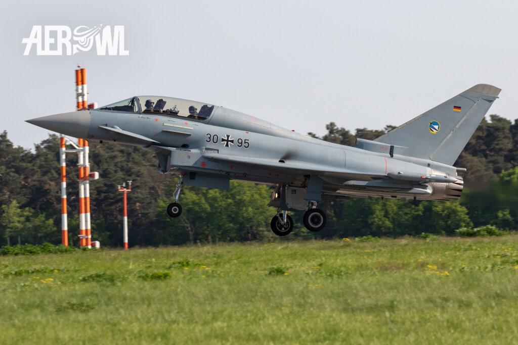 Twinseater Eurofighter Typhoon of the German Air Force take-off to its air display during the ILA 2018 in Berlin, Germany.