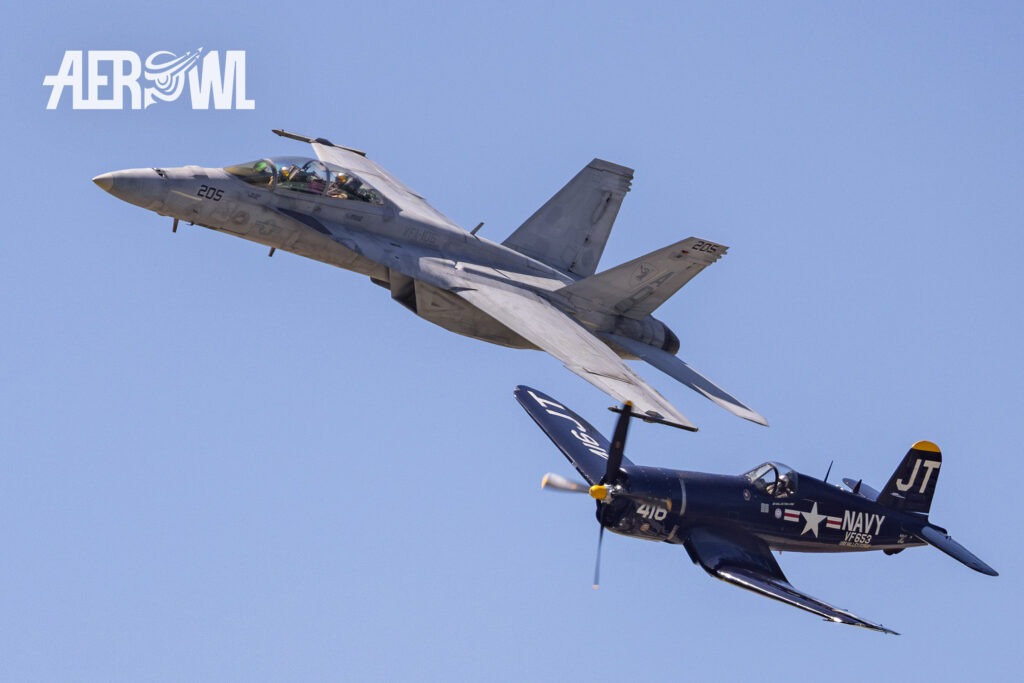 A Boeing F/A-18F Super Hornet (Operated by VFA-106 ‘Gladiators’) + Vought F4U-4 Corsair at NAS Key West Southernmost Air Spectacular in Florida.