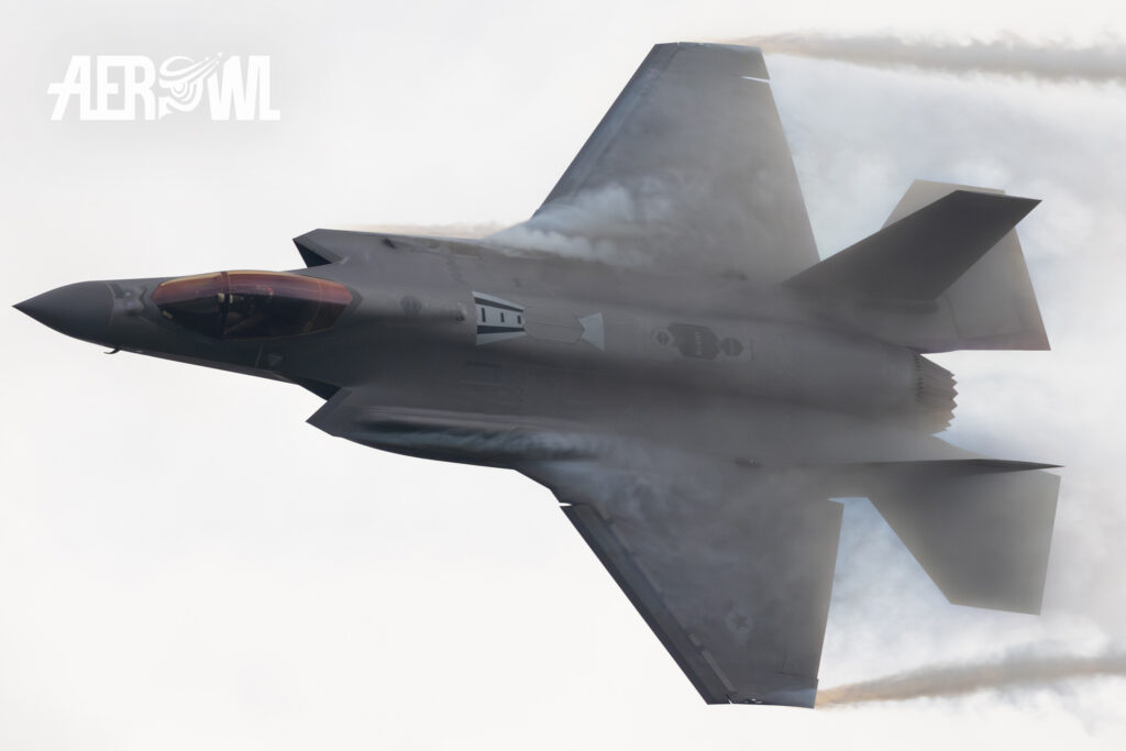 Melanie “Mach” Kluesner from the U.S. F-35 Demo Team pulling her Lockheed Martin F-35A Lightning II hard during the AirPower24 in Zeltweg, Austria.