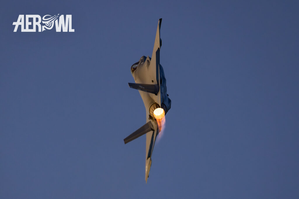 A Lockheed Martin F-35C Lightning II of the U.S. Marines flies with afterburner during evening air display at the Sun´n Fun 2025 in Lakeland, Florida.