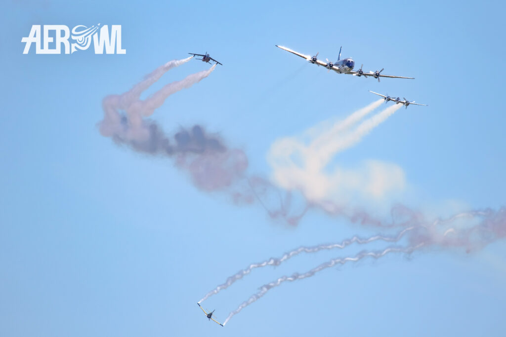 The great Flying Bulls air display starts during the ILA 2018 over the BER airport Berlin/Brandenburg in Germany.