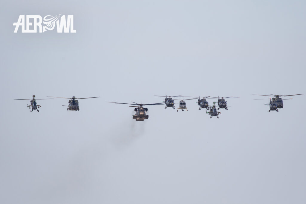 The great final Helicopter fly by with all attending machines of the Bundeswehr during the ILA 2016 over the runway of the BER airport Berlin-Brandenburg in Germany.