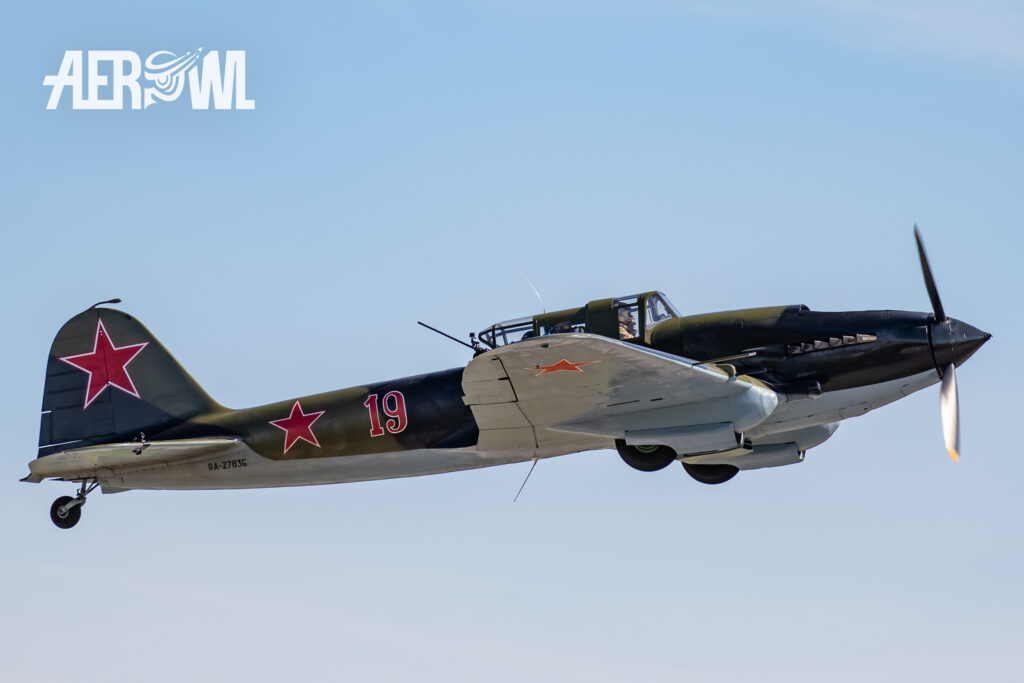 The legendary Ilyushin Il-2m3 „Schturmowik“ lift ofg to an air display during the ILA 2018 at the BER airport Berlin-Brandenburg in Germany.