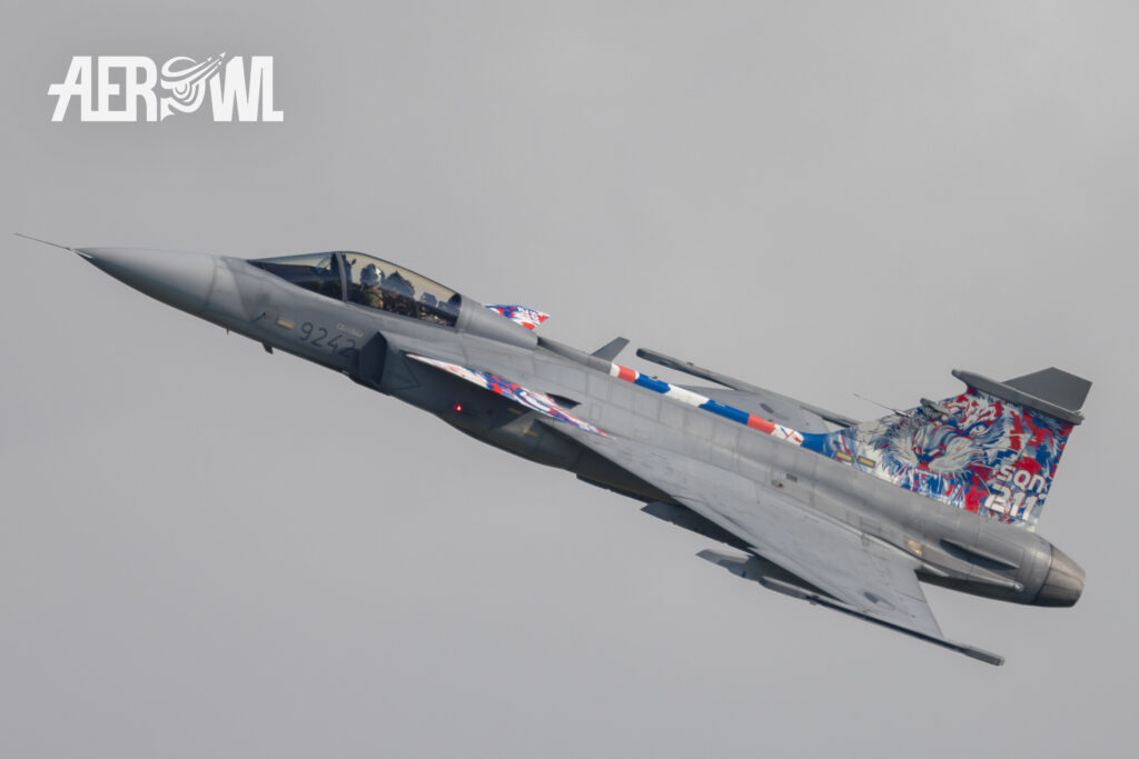 Czech Air Force Saab JAS-39C Gripen (9242) air display during the AirPower24 in Zeltweg, Austria.
