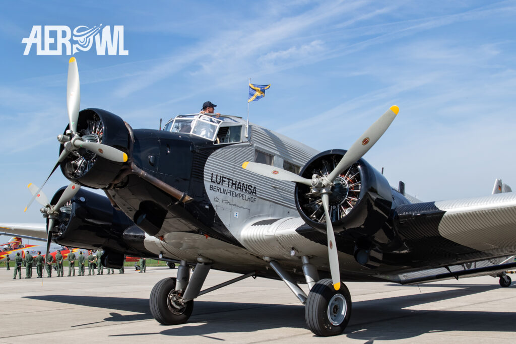 The legendary Junkers Ju 52/3m "Tante Ju" parking during the ILA 2018 at the BER airport Berlin-Brandenburg in Germany.