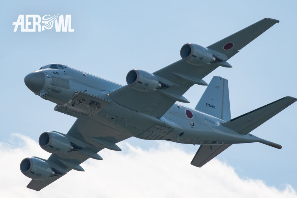 Kawasaki P-1 of the Japanese Defense Force showing the a open bay during an airdisplay at the ILA 2018 at the BER airport in Berlin/Brandenburg, Germany.