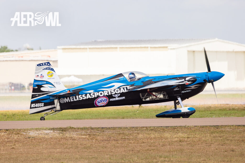 Melissa Sportsgale lands her black and blue Edge 540 after her awesome air display at the Sun´n Fun 2025 in Lakeland, Florida.