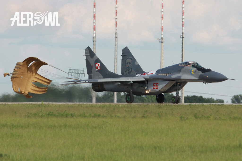 A Mikoyan-Gurevich MiG-29A Fulcrum of the Polish Air Force lands with braking parachute after its air show during the ILA 2016 in Berlin, Germany.