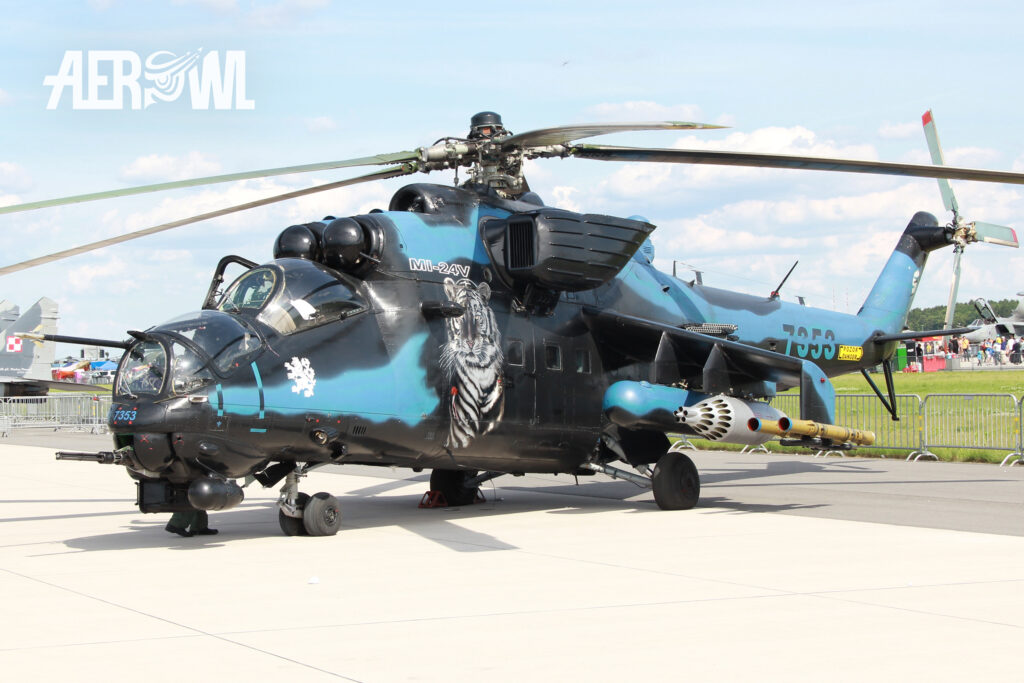 A Mil Mi-24V Hind static display from the Czech Air force at the ILA 2014 on the BER airport Berlin-Brandenburg in Germany.