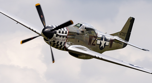 A North American P-51D Mustang air display during the Stearman&Friends2023 at the Bienenfarm airport near to Berlin.