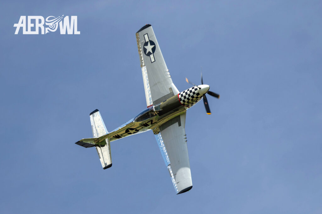 A fast North American P-51D Mustang from 1944 during its air display over the Bienenfarm near Berlin in Germany at the Stearman & Friends 2024.