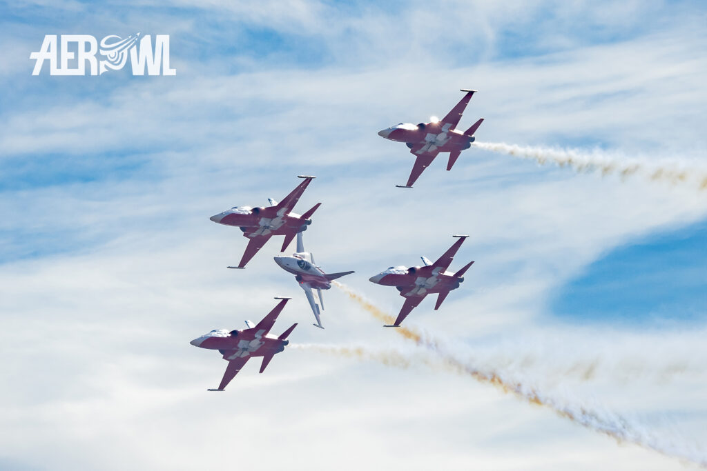 The Patrouille Suisse in their Northrop F-5E Tiger II performing few meters away from the audience during the Axalp 2022 airshow in the Swiss mountains.