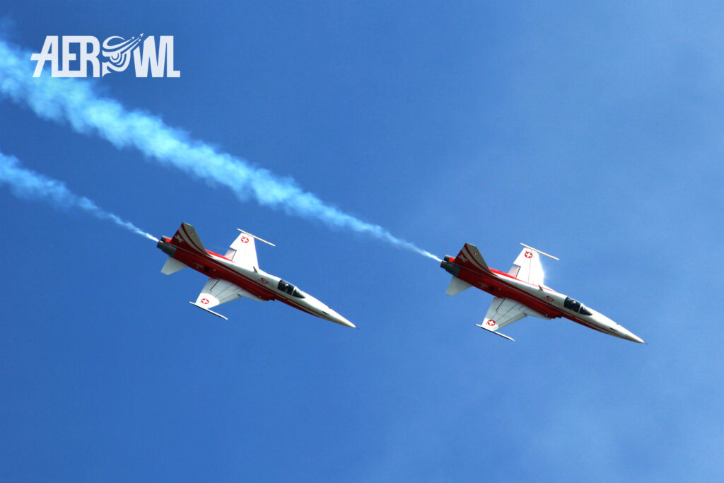 Two smoking Northrop F-5E Tiger II of the Patrouille Suisse over the great audience at the BER airport during the ILA 2014 in Berlin/Brandenburg, Germany.